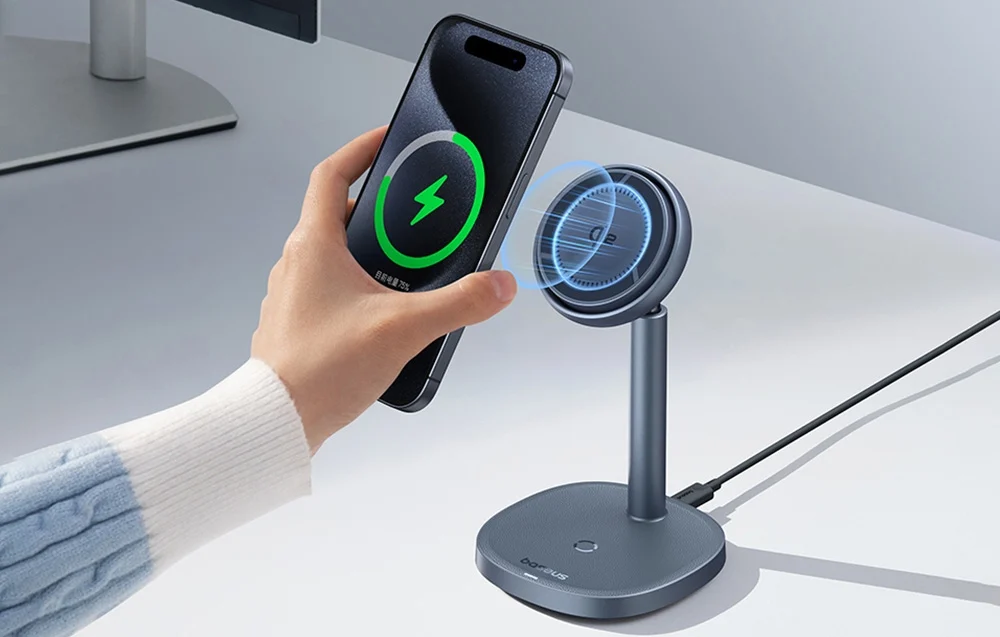 Laddningsstativ Qi2 med aktiv kylning, laddar iPhone