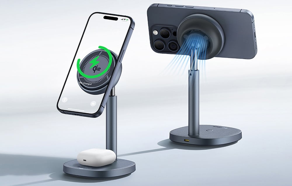 Laddningsstativ Qi2 med aktiv kylning, laddar iPhone och AirPods