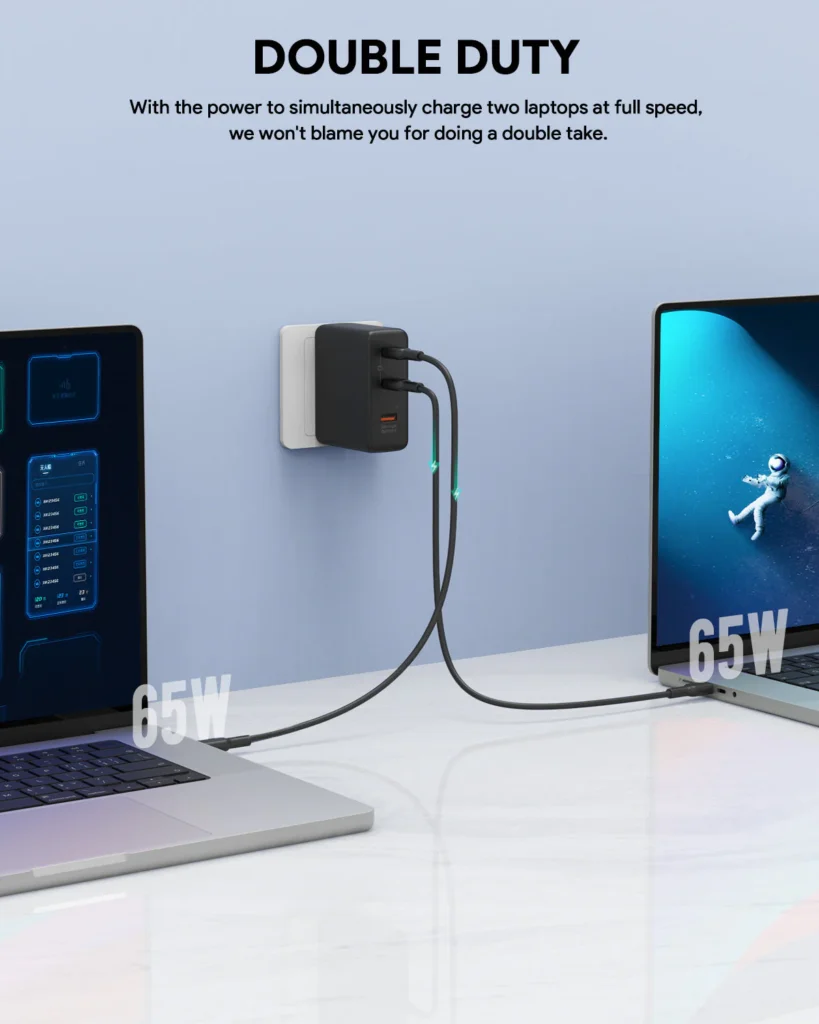 Svart GaN-laddare med två USB-C-uttag och ett USB-A, laddar två bärbara datorer med 65W vardera