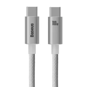 Flätad gråvit kabel med USB-C-kontakter, Baseus-logotyp