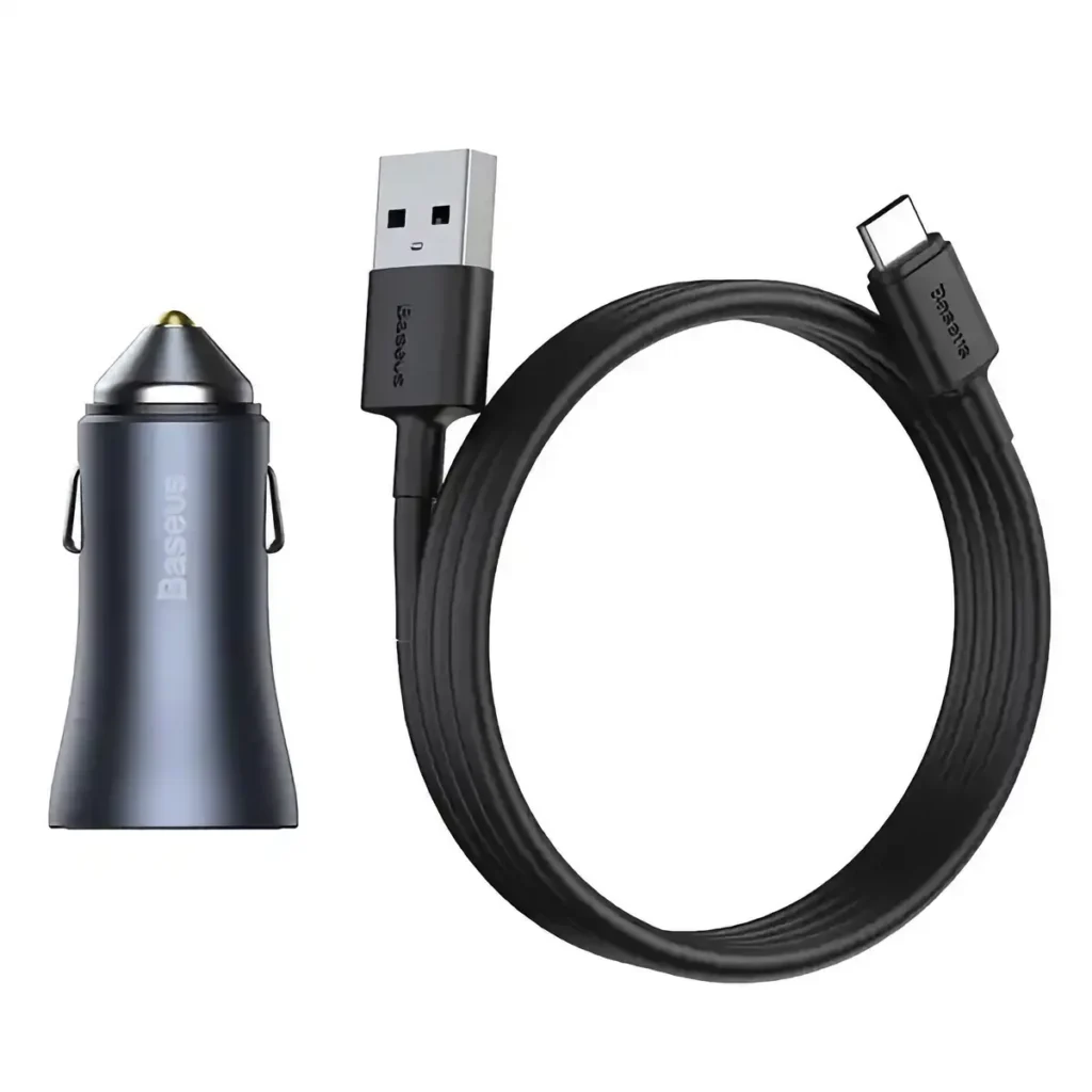 12V mobilladdare för bil med USB-A och USB-C, svart USB-kabel