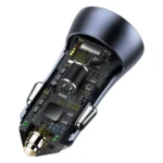 12V mobilladdare för bil med USB-A och USB-C, sprängskiss med interna komponenter