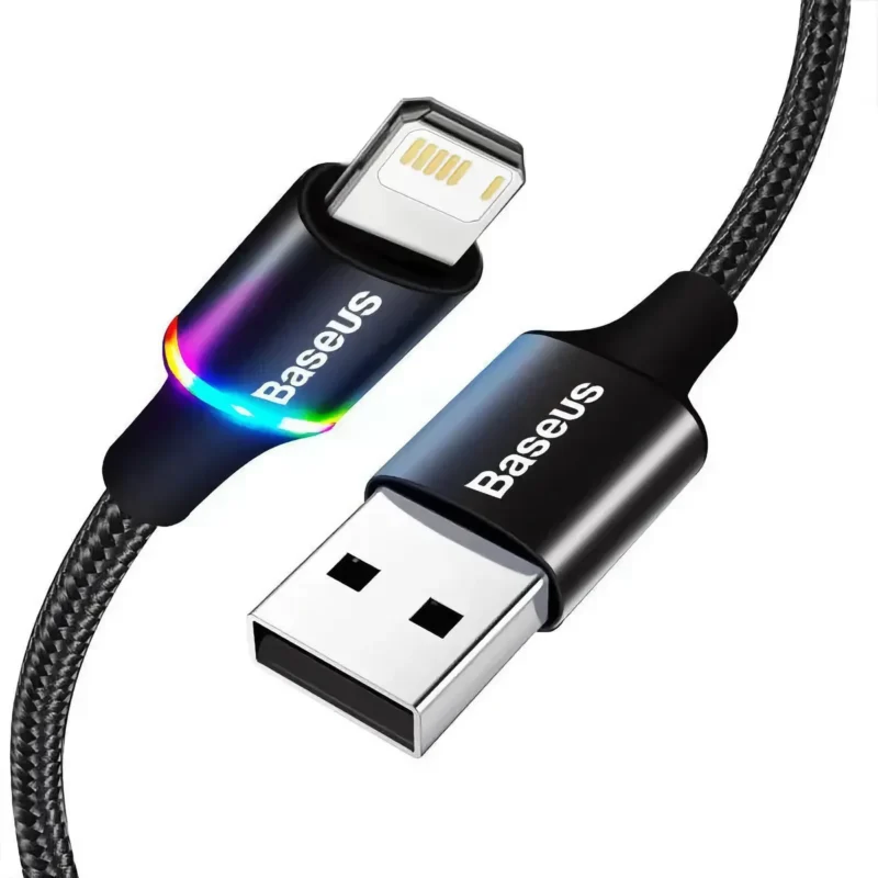 baseus-halo-lightning-1 Svart USB-A till Lightning-kabel med RGB-effekt