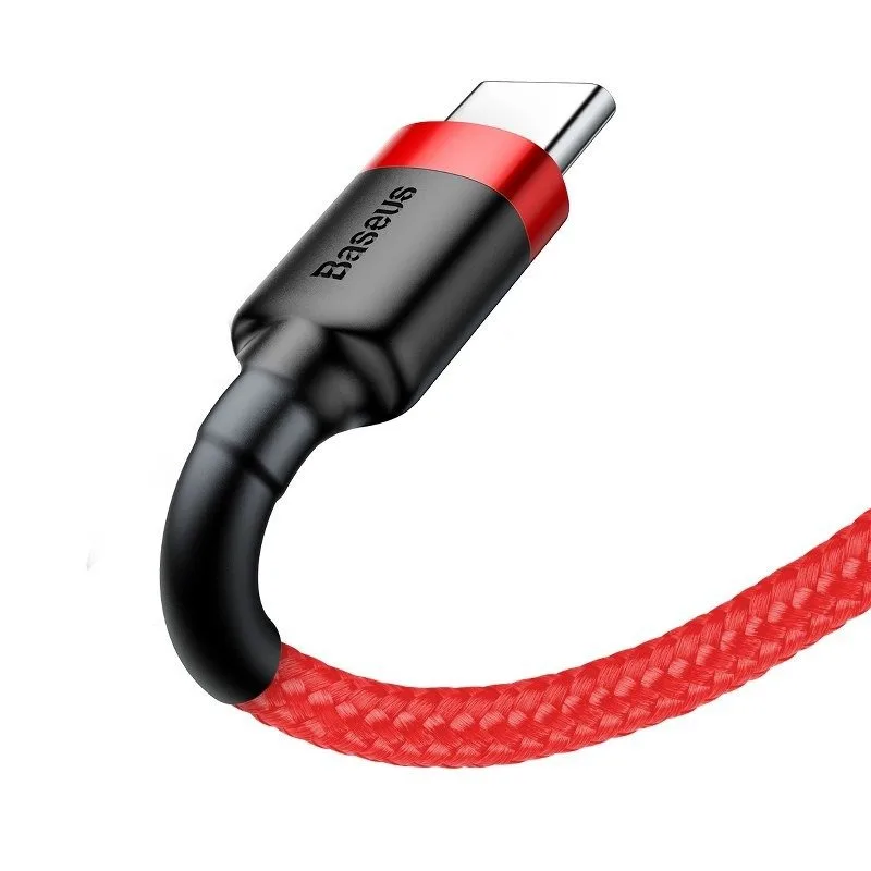 Röd flätad USB-A till USB-C-kabel med svart-röda kontakt
