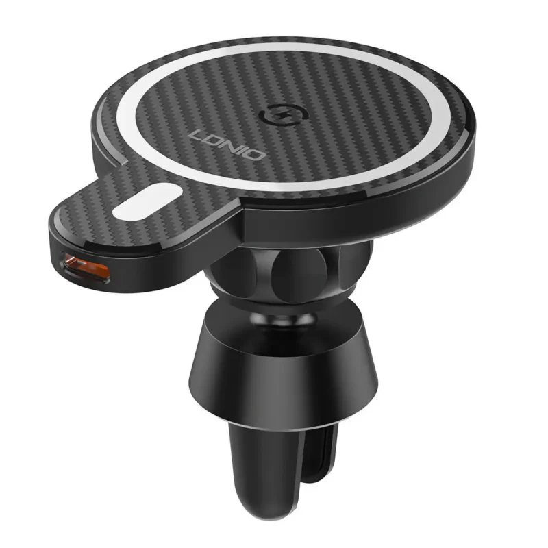 Magnetisk mobilhållare för bil med trådlös laddning, grårandig, LDNIO-logotyp, USB-C-ingång