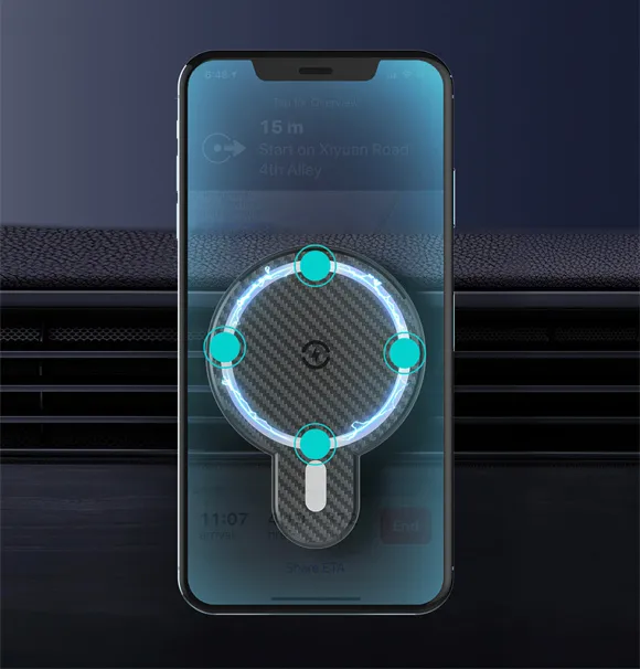 Grå mobilhållare för bil med trådlös laddning, rendering av magnetisk anslutning