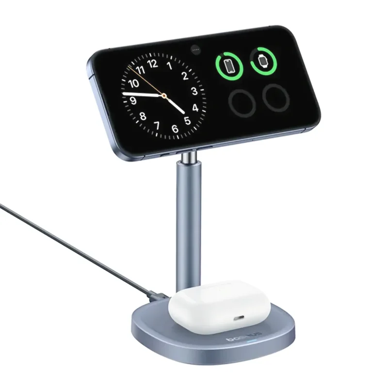 Laddningsstativ Qi2 med aktiv kylning laddar iPhone i horisontellt läge samt AirPods