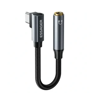 USB-C till 3.5mm AUX-adapter, vinklad USB-C-kontakt i aluminium, svart flätad kabel