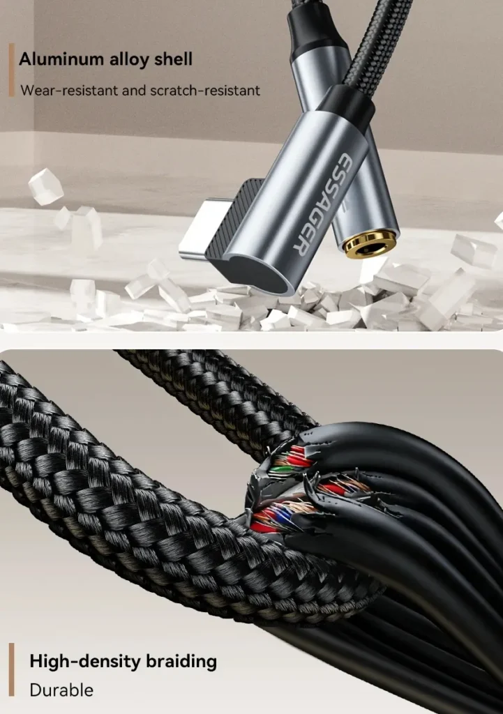 USB till 3.5mm AUX-adapter, vinklad, flätad svart kabel, Essager-logotyp