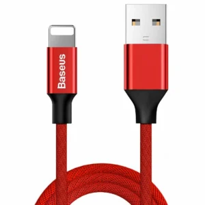Röd USB-A till Lightningkabel med röda aluminiumkontakter, Baseus-logotyp