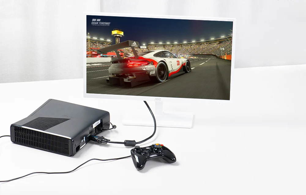 Spelkonsol ansluten till skärm med HDMI till VGA-adapter