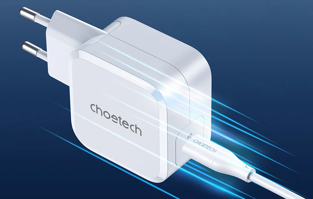 Kompakt vit GaN-väggladdare med USB-C-port och ansluten kabel