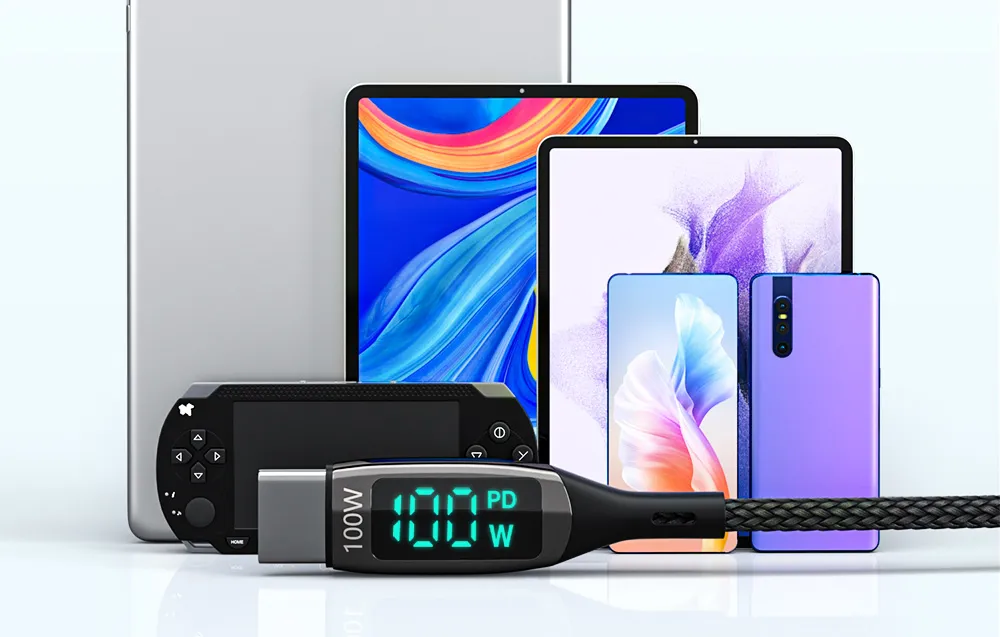Svart flätad USB-C-kabel med display, kompatibla enheter
