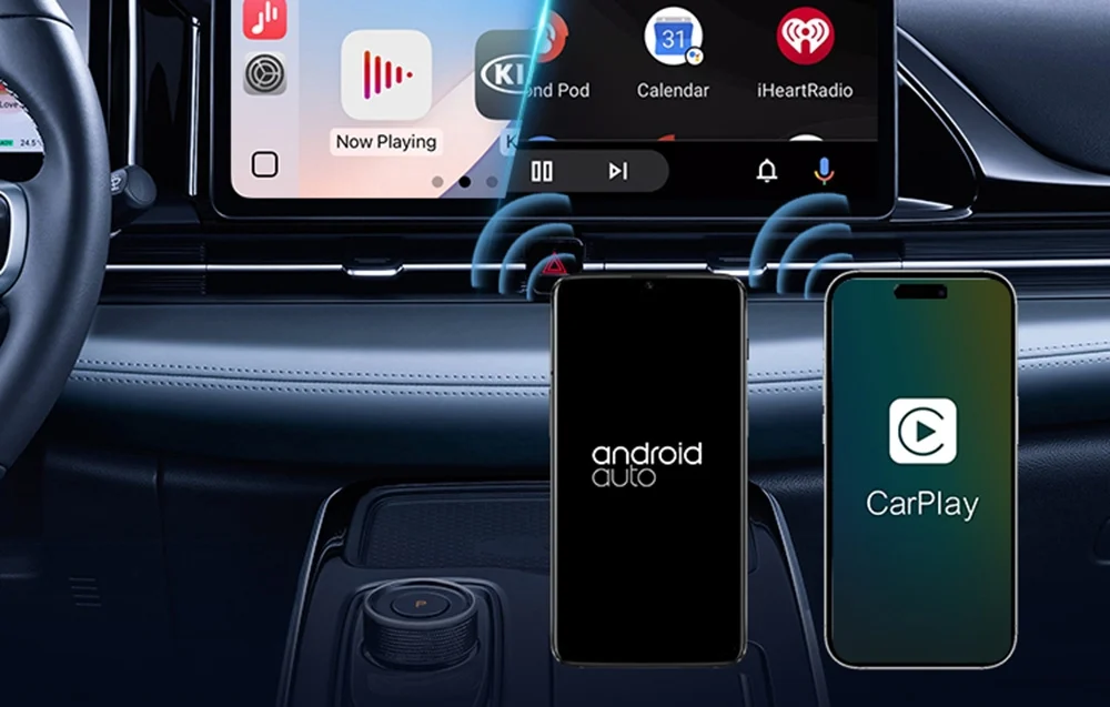 Illustration av Android Auto och CarPlay anslutningar i bil
