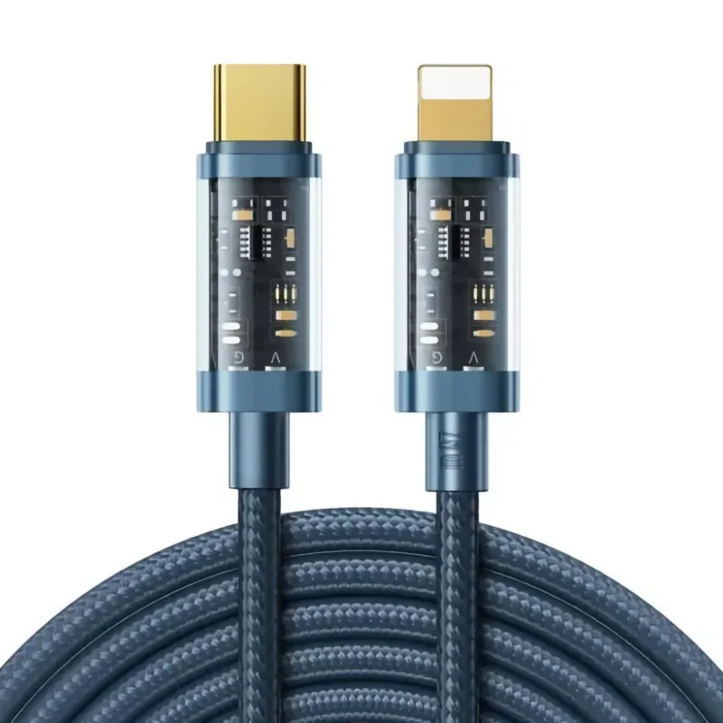 Blå USB-C till Lightning-kabel med transparenta kontakter