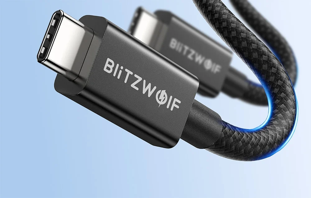 Flätad svart Thunderbolt 5-kabel med aluminiumkontakter