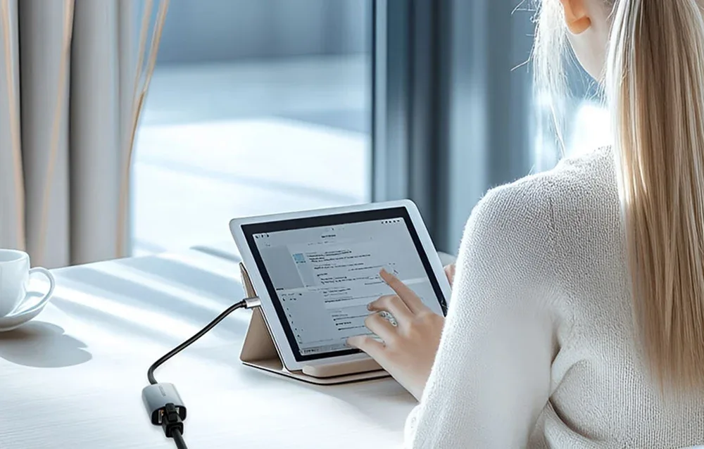 USB-C till Gigabit Ethernet-adapter ansluten till surfplatta