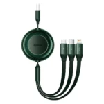 Grön platt 3-i-1 USB-kabel på rulle med Lightning, Micro-USB och USB-C-kontakter