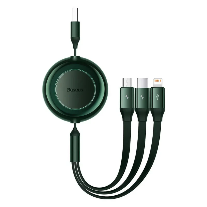 Grön platt 3-i-1 USB-kabel på rulle med Lightning, Micro-USB och USB-C-kontakter