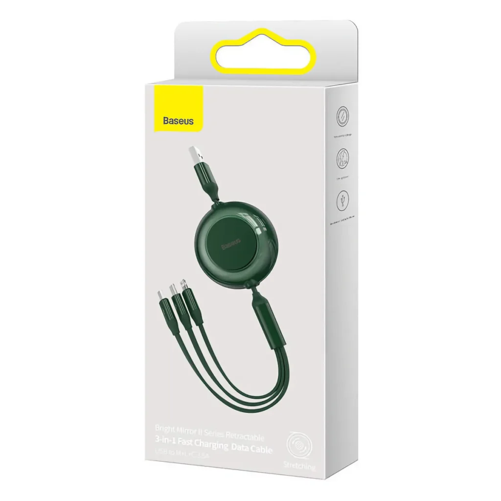 Grön platt 3-i-1 USB-kabel på rulle med Lightning, Micro-USB och USB-C-kontakter, förpackning