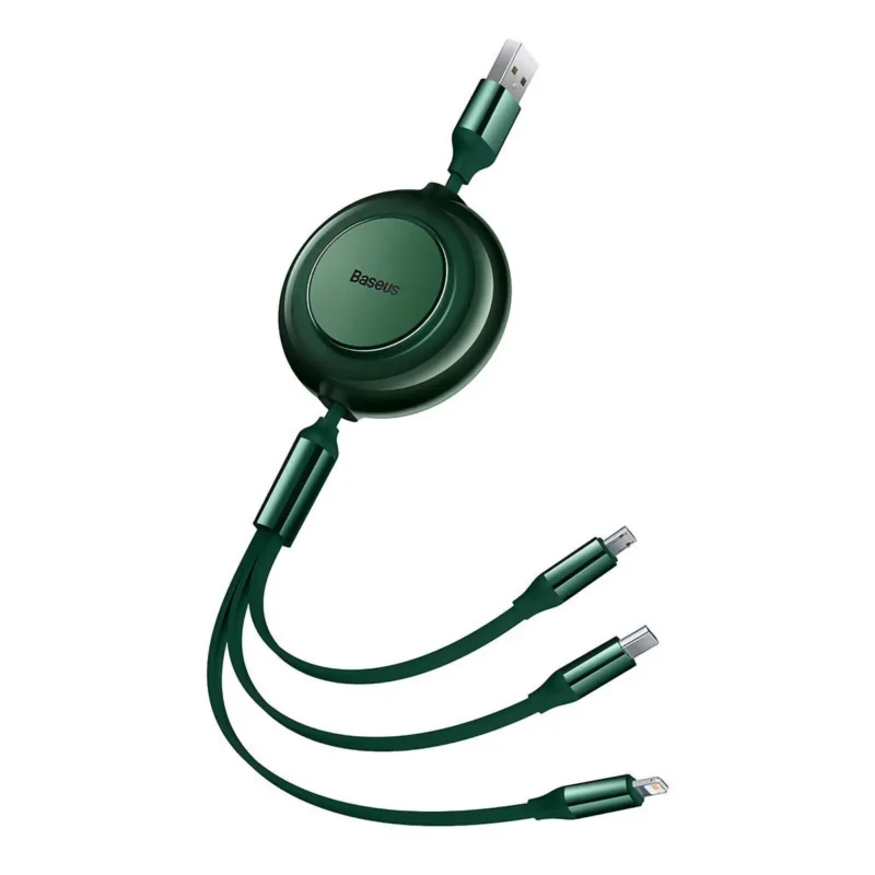 Grön platt 3-i-1 USB-kabel på rulle med Lightning, Micro-USB och USB-C-kontakter