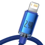 Blå USB-A till Lightning-kabel i tygmaterial med blå metallkontakt