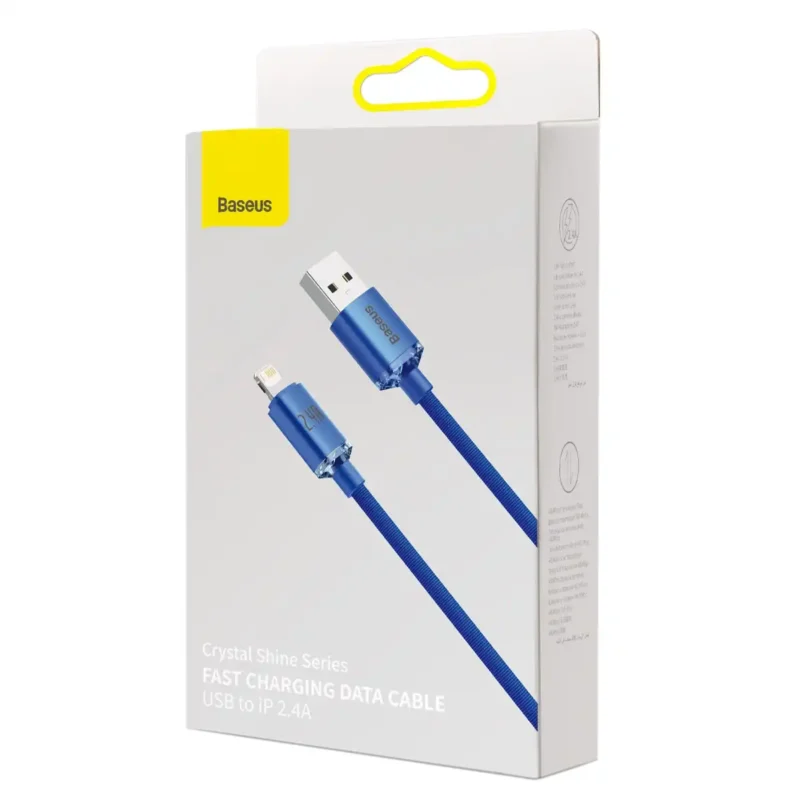 Blå USB-A till Lightning-kabel i tygmaterial med blå metallkontakter, förpackning