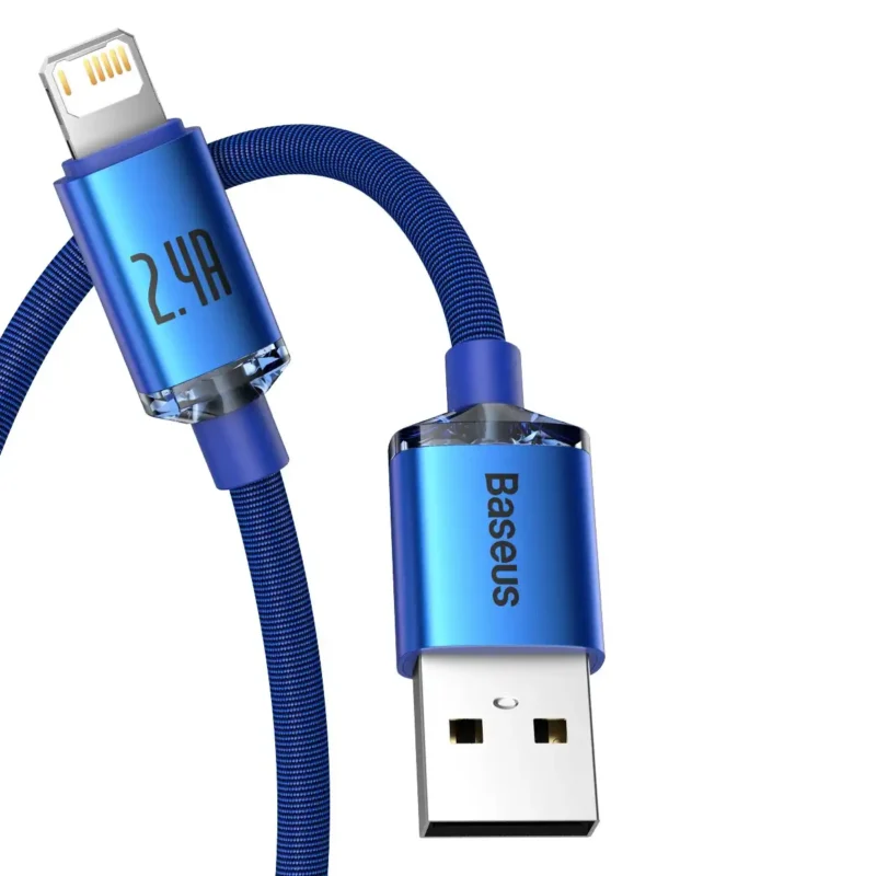 Blå USB-A till Lightning-kabel i tygmaterial med blå metallkontakter