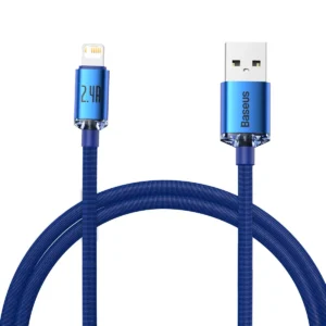 Blå USB-A till Lightning-kabel i tygmaterial med blå metallkontakter