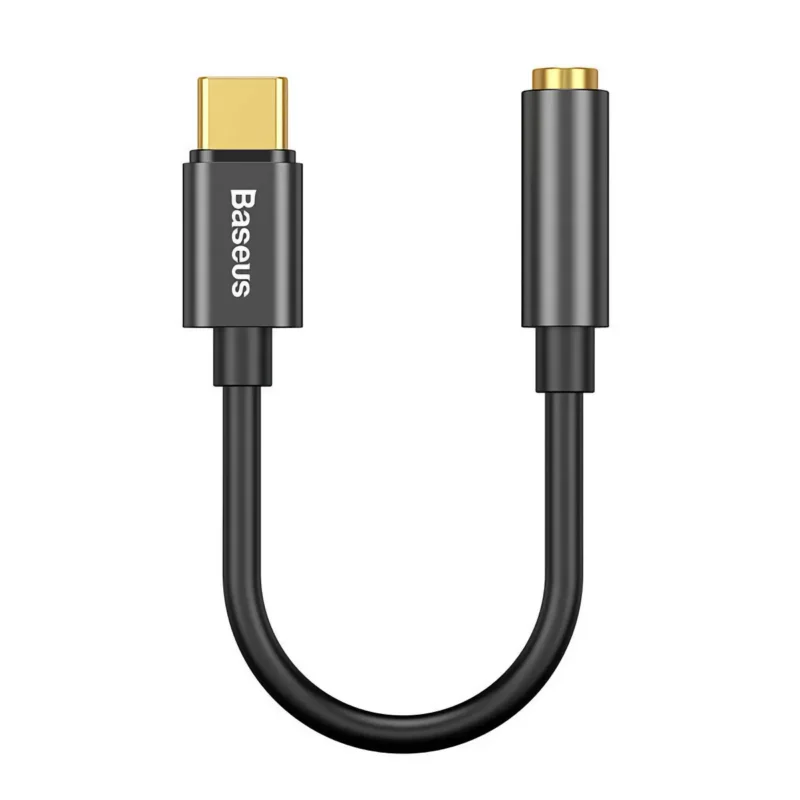 Svart USB-C till 3.5mm adapter, Baseus-logotyp