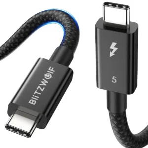 Flätad svart Thunderbolt 5-kabel med aluminiumkontakter