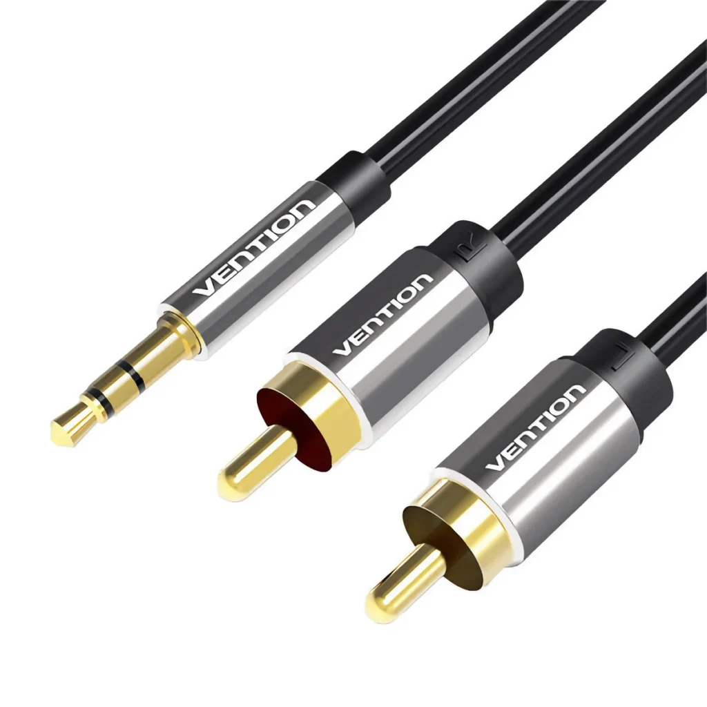 Ljudkabel med två RCA-kontakter och en 3,5 mm AUX