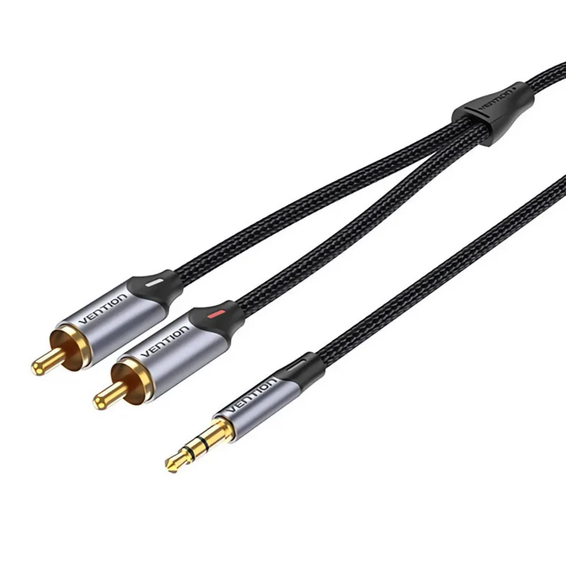 Cable-Audio-2xRCA-to-3-5mm-Vention-BCNBG-1-5m-grey-29082_1 Flätad 3,5 mm AUX till RCA-kabel med guldpläterade kontakter