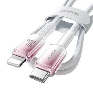 Vit flätad kabel med transparenta rosa USB-C och Lightning-kontakter