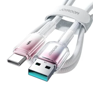 Vit flätad kabel med rosa USB-A och USB-C-kontakter