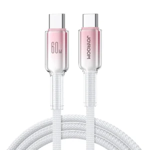 Vit flätad kabel med transparenta rosa USB-C-kontakter, text "Joyroom" och "60w"