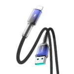 Svart flätad kabel med blå USB-A och Lightning-kontakter