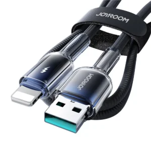 Svart flätad kabel med transparenta blå USB-A och Lightning-kontakter