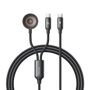 Svart flätad USB-C till C-kabel med integrerad Apple Watch-laddare