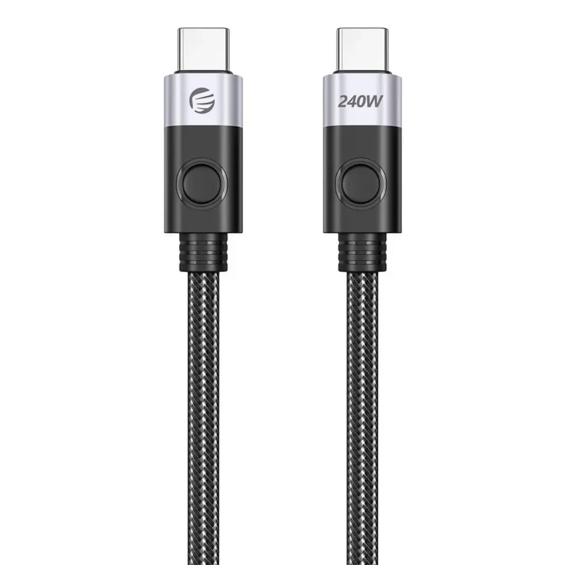 Svartvit flätad USB-C till C-kabel med aluminiumkontakter