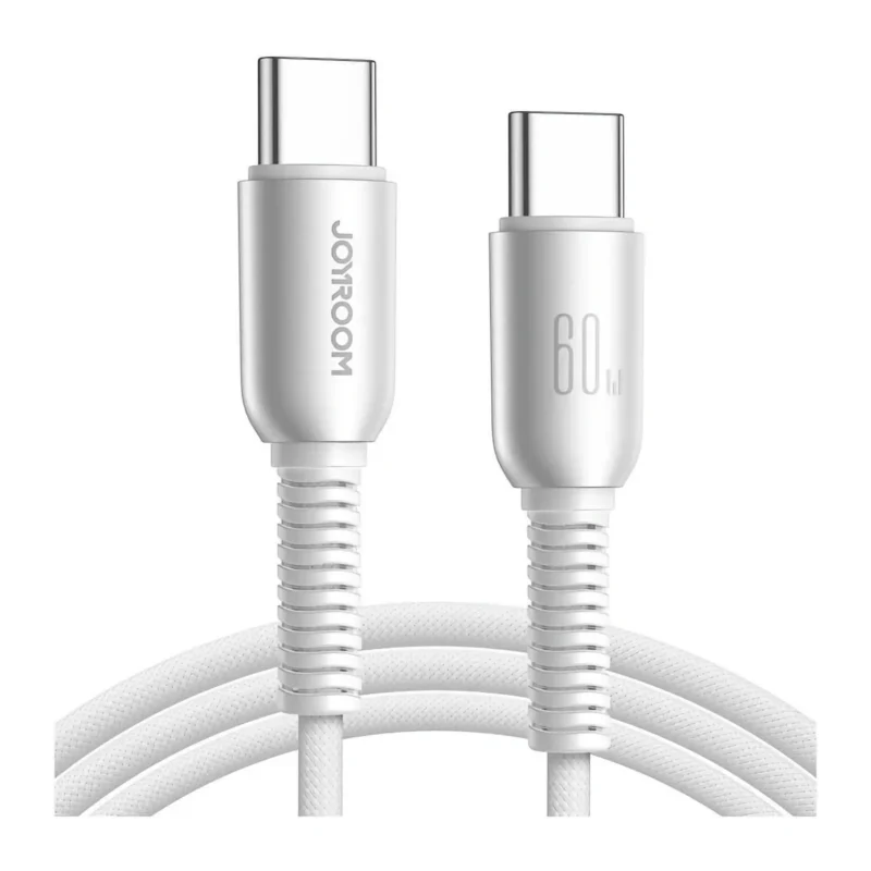 Flätad vit USB-C till C-kabel med aluminiumkontakter, Joyroom-logotyp