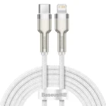 Vit flätad USB-C till Lightning-kabel med aluminiumkontakter, lindad