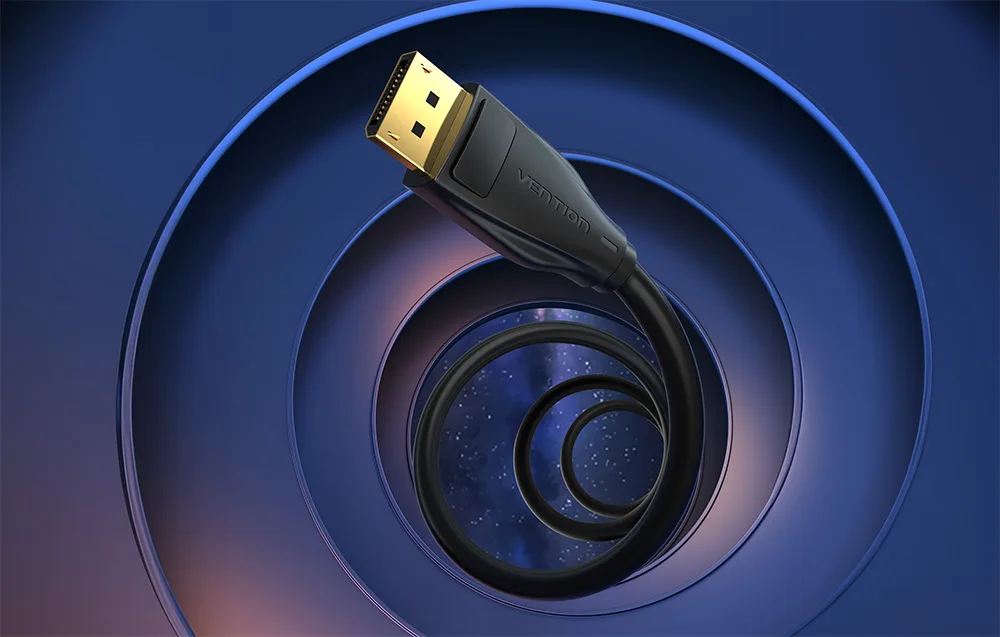 Svart DisplayPort-kabel med guldpläterade kontakter, illustration