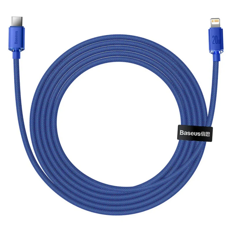 Blå USB-C till Lightning-kabel i tygmaterial med blå metallkontakter, lindad