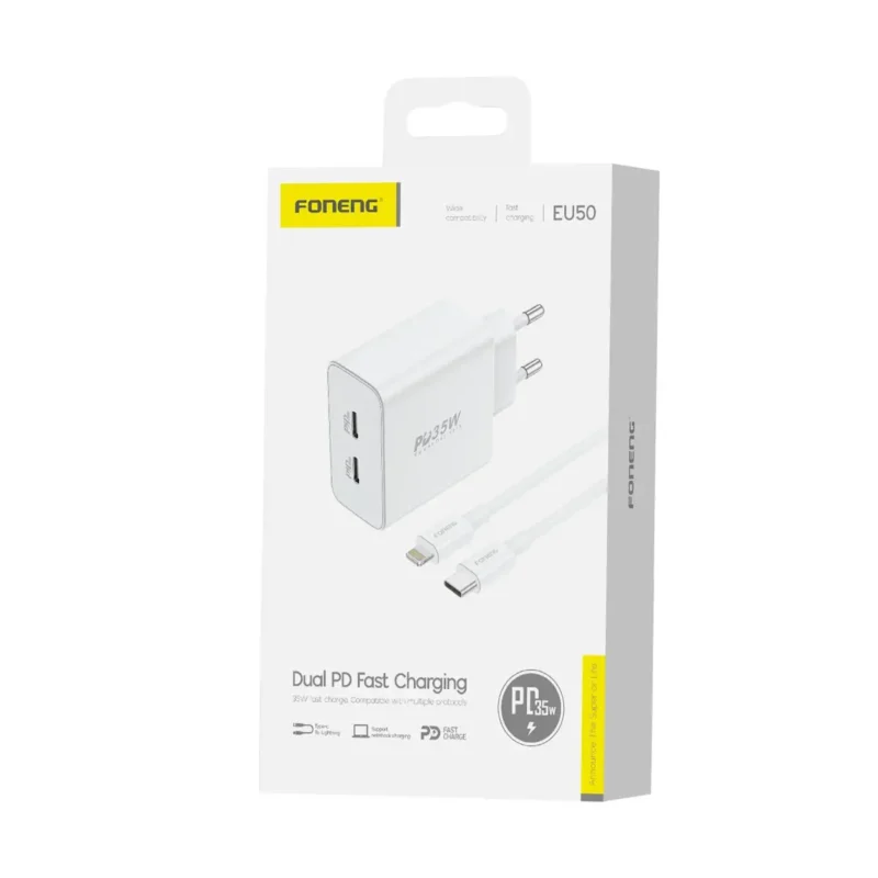 Vit mobilladdare med dubbla USB-C-portar i kartong