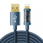 Blå flätad USB-A till Lightning-kabel med transparent kontakt