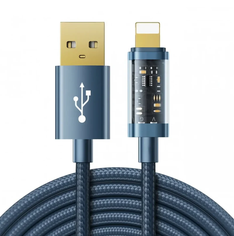 joyroom-usb-a-lightning-2m-bla-s-ul012a20 Blå flätad USB-A till Lightning-kabel med transparent kontakt