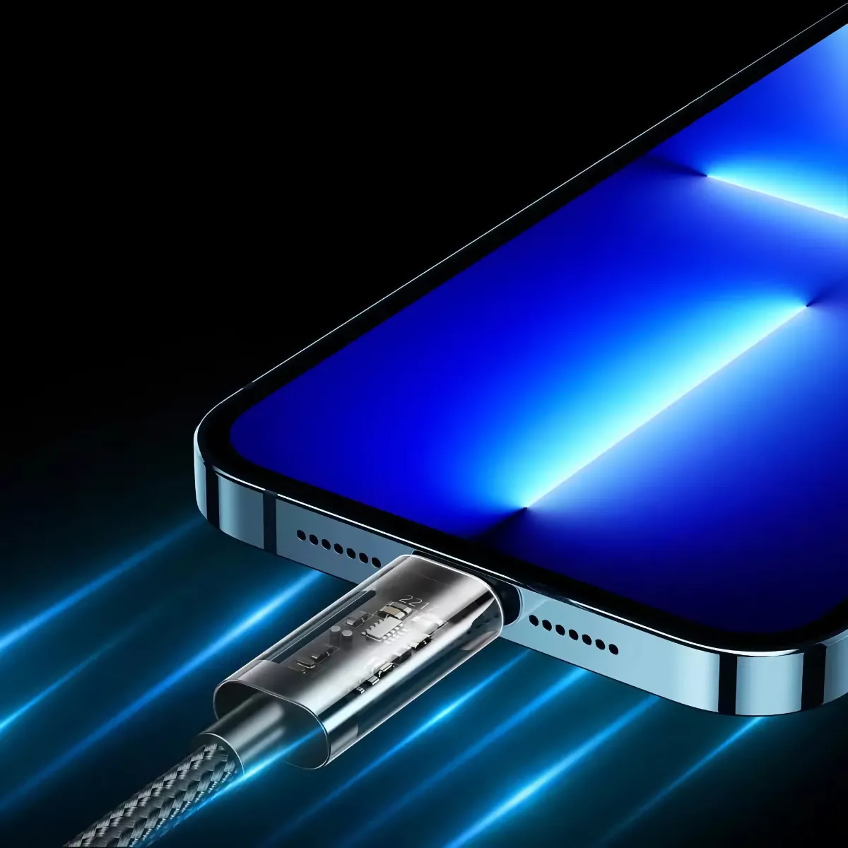 Svart flätad Lightning-kabel med transparent kontakt