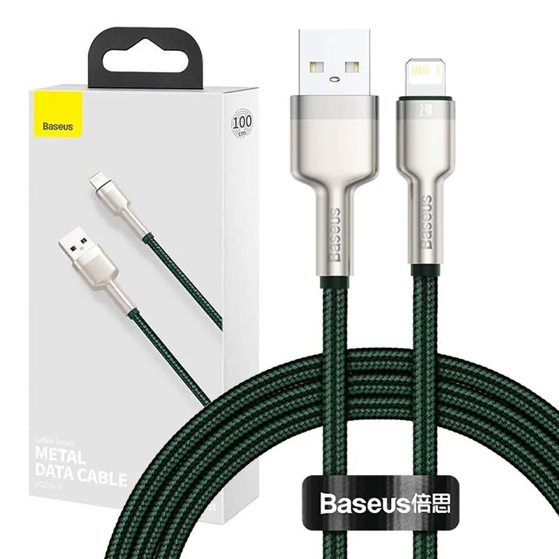 Grön USB-A till Lightning-kabel med aluminiumkontakter, förpackning