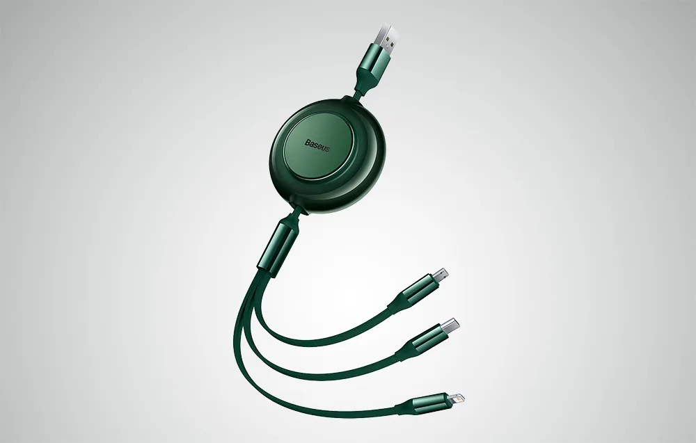 Grön platt 3-i-1 USB-kabel på rulle med Lightning, Micro-USB och USB-C-kontakter